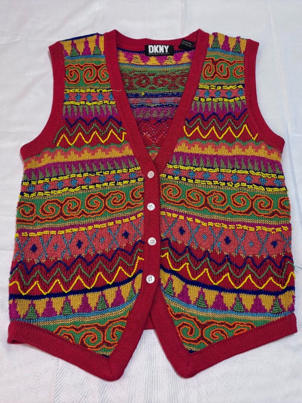 Vintage 90s DKNY Donna Karan Beaded Sweater Vest Multicolor Geometric Coogi M